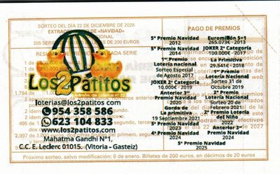 Reverso del d&eacute;cimo 09679 con el sello de la Administraci&oacute;n &laquo;Los 2 Patitos&raquo;, en Vitoria-Gasteiz